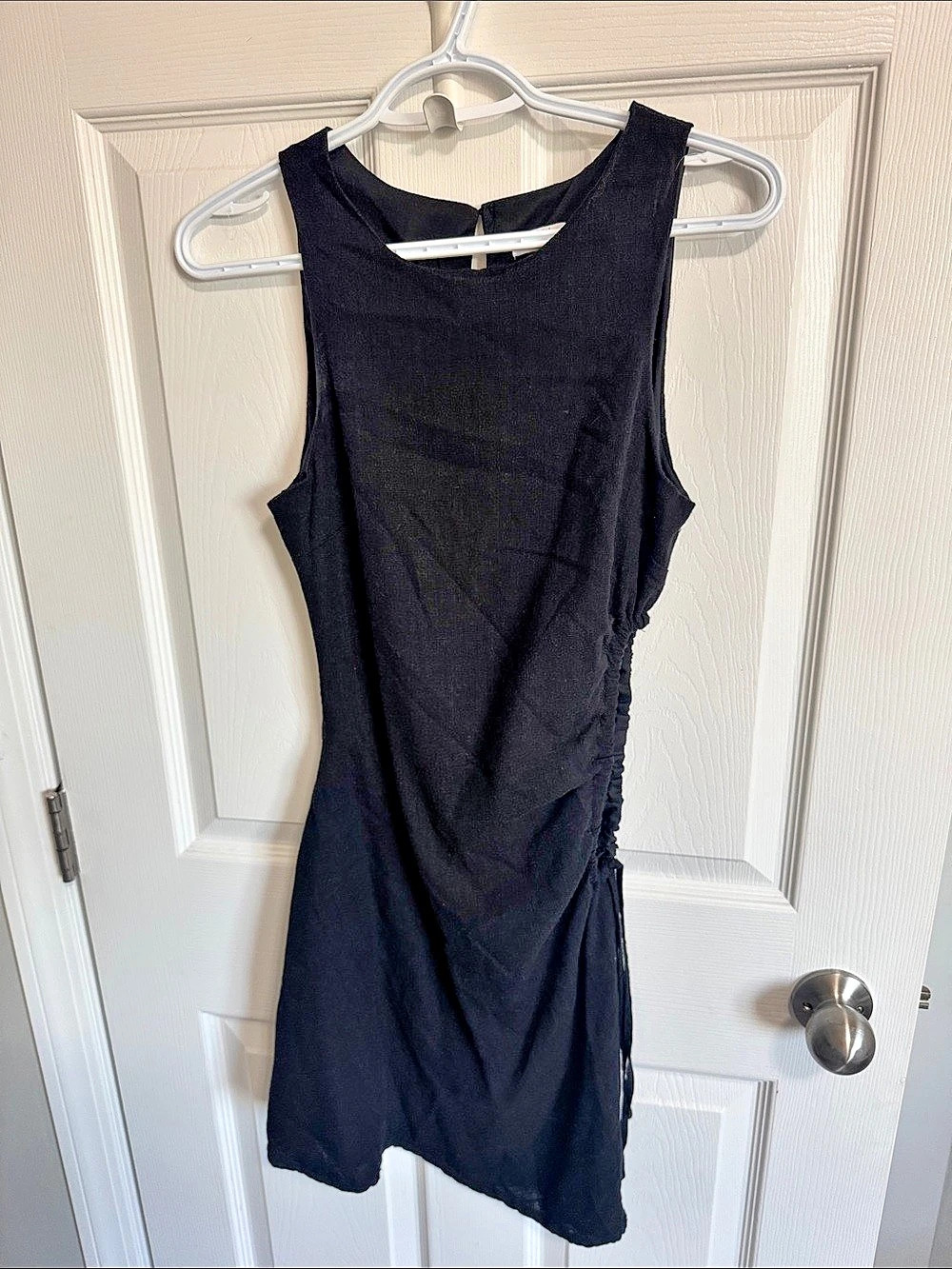 A.C.W. Black Linen Blend Sleeveless Ruched Mini Dress. Black Linen Blend Ruched